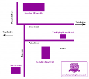 Map of Rochdale Town Hall, The Flying Horse Hotel, Touchstones, Riverside for Dippy The Dinosaur visit 2020